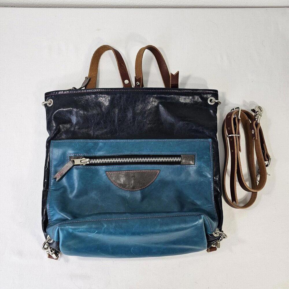 Alexis Drake Shoulder Bag Backpack 2 Tone Blue Leather Designer Handbag 13" - Picture 4 of 15
